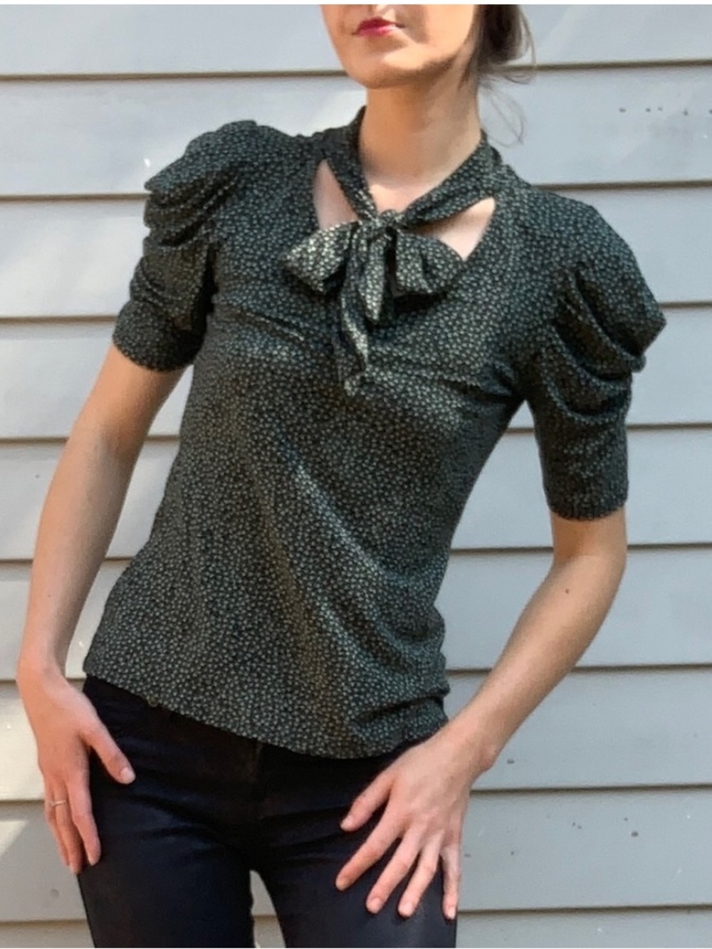 Anthropologie Postmark Green Ditsy Floral Tie Blouse
